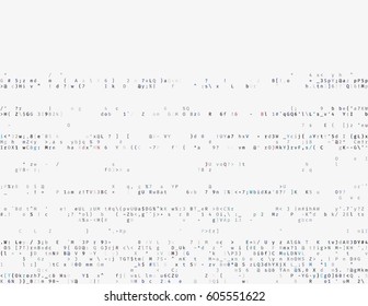 Corrupted source code. Modern vector illustration about computer security. Abstract ascii glitch background. Fatal programming error. Buffer overflow problem. Random signal error. Element of design.