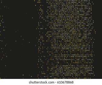 Corrupted source code. Modern vector illustration about computer security. Abstract ascii glitch background. Fatal programming error. Buffer overflow problem. Random signal error. Element of design.