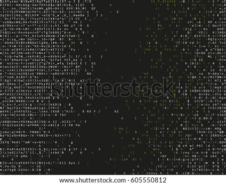 Corrupted source code. Modern vector illustration about computer security. Abstract ascii glitch background. Fatal programming error. Buffer overflow problem. Random signal error. Element of design.