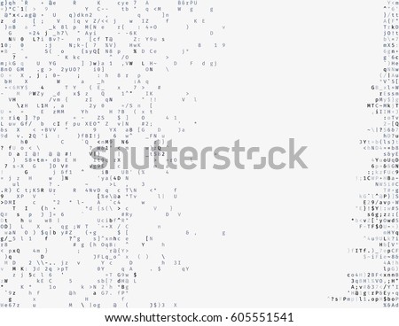 Corrupted source code. Modern vector illustration about computer security. Abstract ascii glitch background. Fatal programming error. Buffer overflow problem. Random signal error. Element of design.