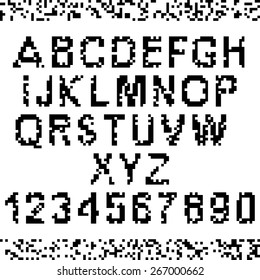 Corrupted upper case pixel letters and numbers. Easy to edit to make your own font