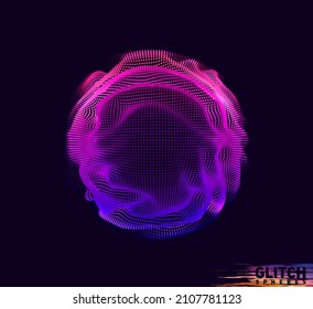 Corrupted violet point sphere. Abstract vector colorful mesh on dark background. Futuristic style card.