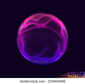 Corrupted violet point sphere. Abstract vector colorful mesh on dark background. Futuristic style card.