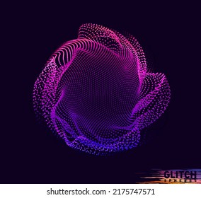 Corrupted violet point sphere. Abstract vector colorful mesh on dark background. Futuristic style card.