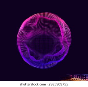 Corrupted violet point sphere. Abstract vector colorful mesh on dark background. Futuristic style card.