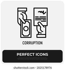 Corrupción, icono de soborno delgado, acuerdo a cambio de dinero. Ilustración vectorial moderna.