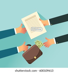 Corruption and Bribery in business concept. Insider trading. Two business people holding in their hands approved paper and case of money. Vector illustration in flat style