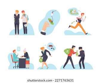 Corruption and bribery concept. Business people taking cash bribe from partner or client. Corrupted business or financial crime flat vector illustration