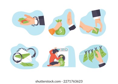 Corruption and bribery concept. Hands bribing and money laundering set. Corrupted business or financial crime flat vector