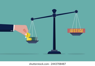 Corruption and bribery concept, justice scale with money symbol, abuse of power