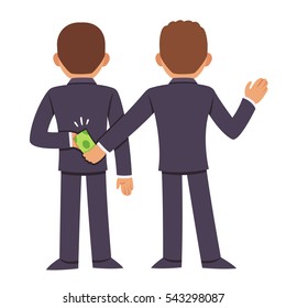 Corruption And Bribery Concept. People In Business Suits Giving Bribe Behind Back. Cartoon Vector Illustration.