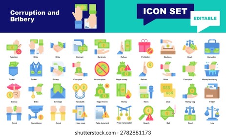 Corruption and Bribery icon set. Vector icons for Bribery, Corruption, Illegal money, Refuse, Bribe, Money laundering, Silence, Handcuffs