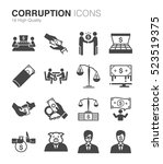 Corruption and bribery icons set. Included the icons as launder, bloody money, bribe, businessman, greedy, black market and more.