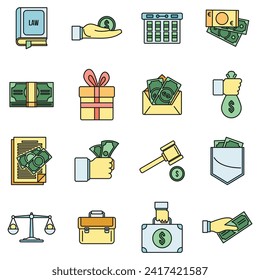 Corruption bribery icons set. Outline set of corruption bribery vector icons thin line color flat on white