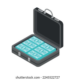 Corruption bribery isometric icon with banknotes in suitcase 3d vector illustration