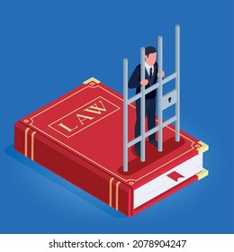 Corruption bribery money laundering isometric background with convicted criminal behind bars stands on law book vector illustration