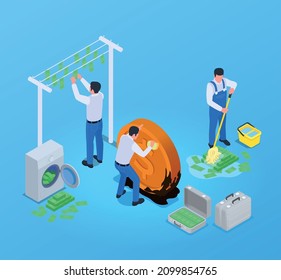 Corruption bribery money laundering isometric set filled with cash washing machine suitcases man cleaning hanging banknotes vector illustration