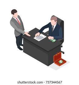 Corruption concept, corrupted scheme, financial crime, official takes a bribe, man gives money to get permission isometric vector illustration