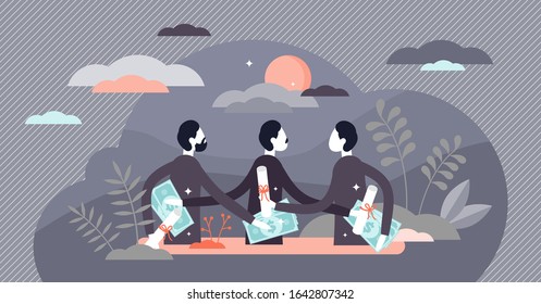 Corruption concept, flat tiny persons vector illustration. Government workers and commerce businessman secretly exchanging money and profitable deals. Criminal activity inside national institutions.