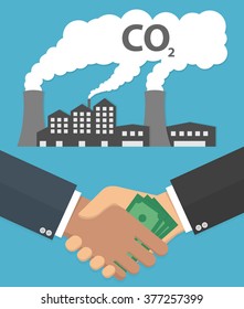 Corruption concept. Hand giving money to another hand, with a factory emitting carbon dioxide in the background. Flat design