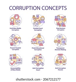 Corruption concept icons set. Corrupted government idea thin line color illustrations. Bribery in government. Embezzlement of budget money. Vector isolated outline drawings. Editable stroke