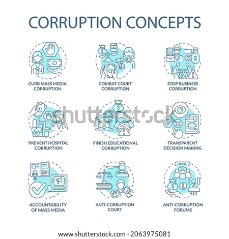 Corruption concept icons set. Corrupted government idea thin line color illustrations. Bribery in government. Embezzlement of budget. Transparent decission making. Vector isolated outline drawings.