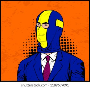 Corruption Concept - Man In Business Suit Wearing Ski Mask Balaclava. White Collar Crime. Vector Pop Art Illustration In Retro Comic Book Vintage Style