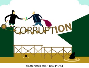 Corruption Concept of People giving crossing a bridge to bribe someone. Editable Clip Art.