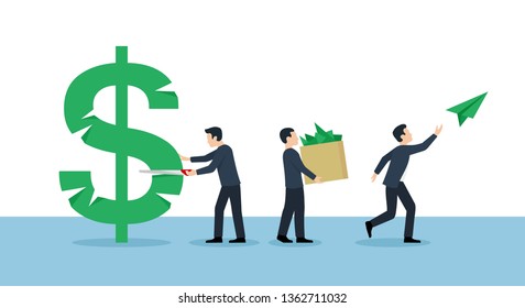 Corruption concept - people group sawing dollar sign - financial leakage isolated illustration