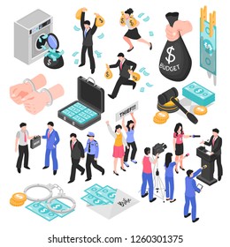 Corruption and dishonesty isometric set decorative icons representing corrupt judge business and politics embezzlement and bribery isolated vector illustration