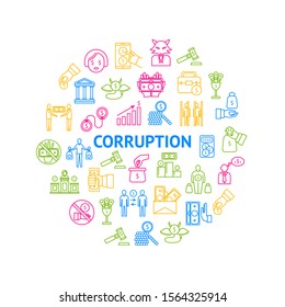 Corruption and Dishonesty Signs Thin Line Round Design Template Ad Include of Bribe, Money, People and Hand. Vector illustration