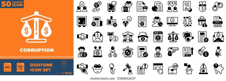 Corruption Duotone Editable Icons set. Vector illustration in modern thin duotone style of corruption icons: Bribe Money, money laundering, anti corruption, etc