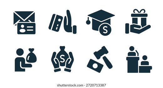 Korruption ausgezeichnete Icon-Sammlung. Umschlag mit Geld, Hand, die Bargeld, Richter und Geldschein, Bestechungsgeld, Korruptionszahlung, Geldwäsche, illegale Geschäfte, Gerichtsurteil
