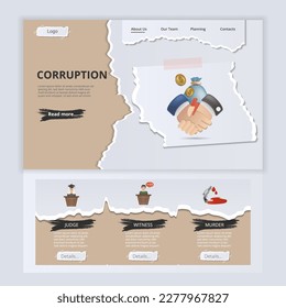 Corruption flat landing page website template. Judge, witness, murder. Web banner with header, content and footer. Vector illustration.