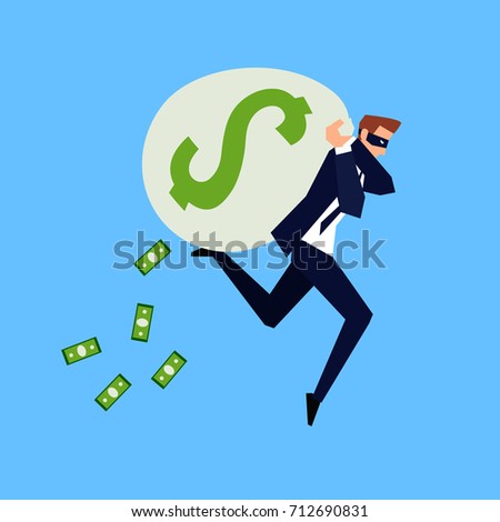 Corruption and fraud. Business concept in a flat style. Running businessman in a mask with a bag of money on his back. The thief runs with a holey bag of dollars. Vector illustration.