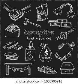 Corruption hand drawn doodle set. Sketches. Vector illustration for design and packages product. Symbol collection.