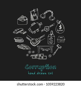 Corruption hand drawn doodle set. Sketches. Vector illustration for design and packages product. Symbol collection.