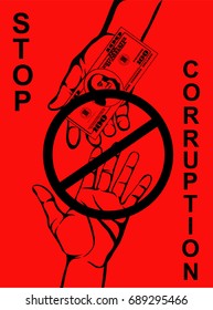 Corruption. Hand Keeps money dollars. Vector. Poster on red background.