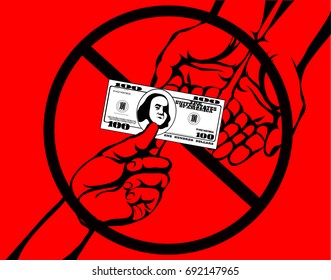 Corruption. Hand Keeps money dollars. Vector. Poster on the red background