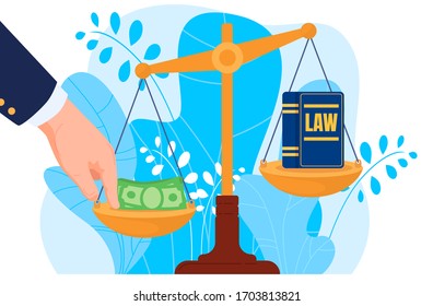 Corruption, hand put money on scale, bribery, law, isolated on white, flat vector illustration. Corrupt practices in legal system, jurisprudence, judicial practice, design banner, leaf background.