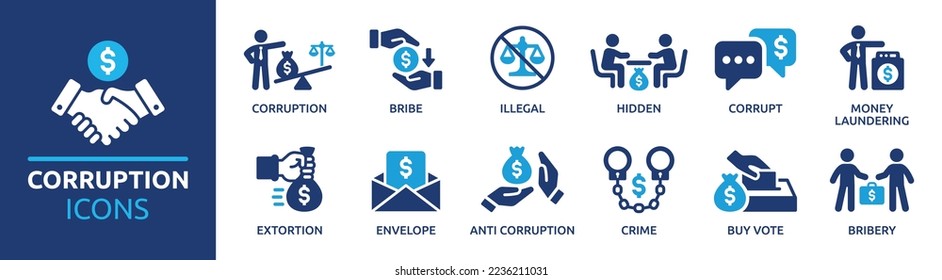 Corruption icon collection. Bribe Money, money laundering, anti corruption, crime and bribery icons. Vector illustration. svg