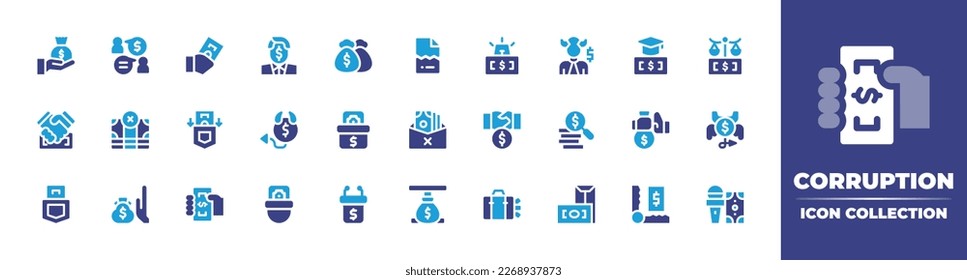 Corruption icon collection. Duotone color. Vector illustration. Containing corruption, communication, business man, money bag, corrupt, no corruption, money, vote, bribe, bribery, search, evil.