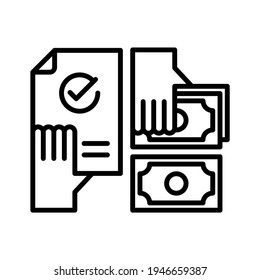 Corruption icon. Hands with money and contract document. Line vector. Isolated on white background.