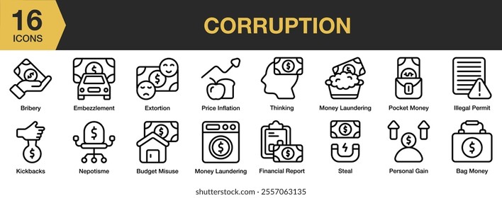 Corruption icon set. Includes price inflation, thinking, steal, personal gain, illegal permit, pocket money, and More. Outline icons vector collection.