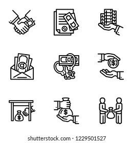 Corruption icon set. Outline set of 9 corruption vector icons for web design isolated on white background