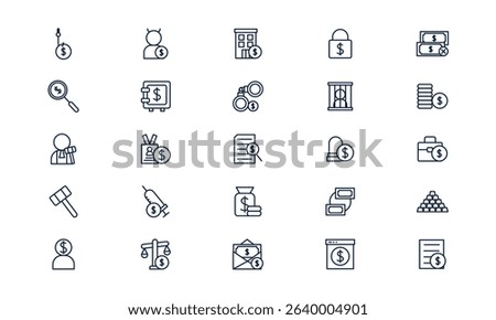 Corruption icon showing bribery and unethical financial behavior in business and government in outline style