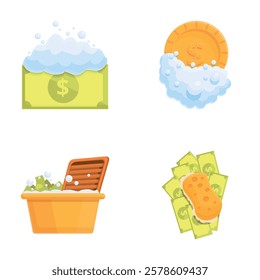 Corruption icons set cartoon vector. Symbolic money laundering process. Fraud and financial machination