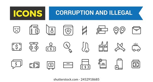 Corruption And Illegal Line Icons Collection, Big Ui Icon Set In A Flat Design, Thin Outline Icons Pack, Vector Illustration