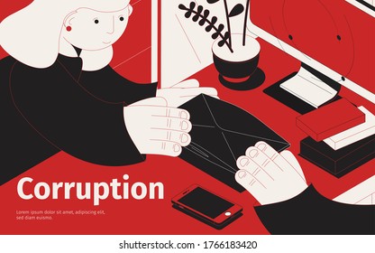 Corruption isometric composition with person giving a bribe in envelope vector illustration