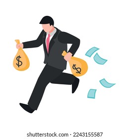 Corruption isometric icon with businessman running away with money 3d vector illustration